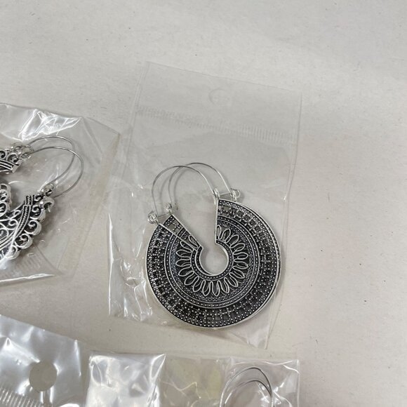 5 Pairs Filigree Hoop Earrings Boho Mandala Bollywood Goddess Silver-Tone‎ - Picture 2 of 10